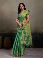 Stylish Green Tissue Saree with Fine Woven Floral Patterns and Glossy Finish