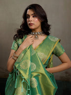 Stylish Green Tissue Saree with Fine Woven Floral Patterns and Glossy Finish