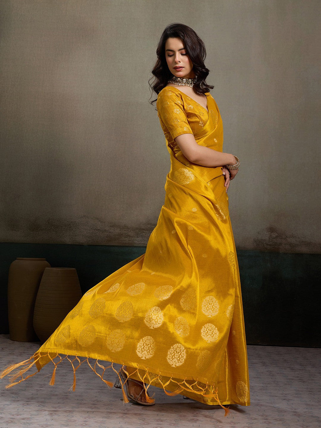 Mustard Tissue Saree with Woven Design - Elegant Traditional Wear