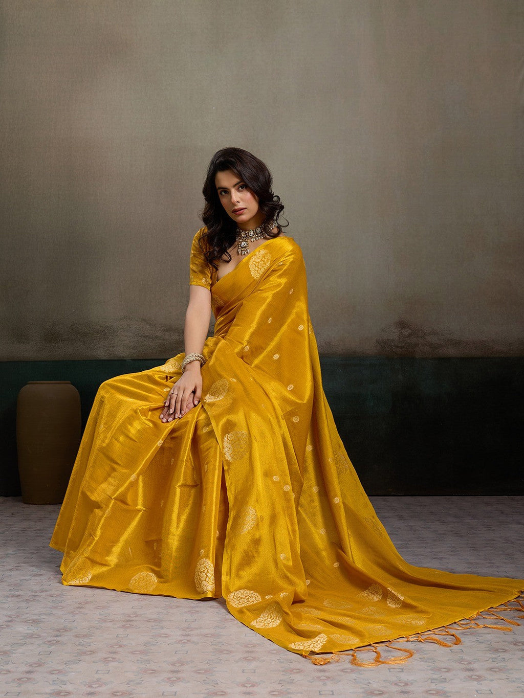 Mustard Tissue Saree with Woven Design - Elegant Traditional Wear