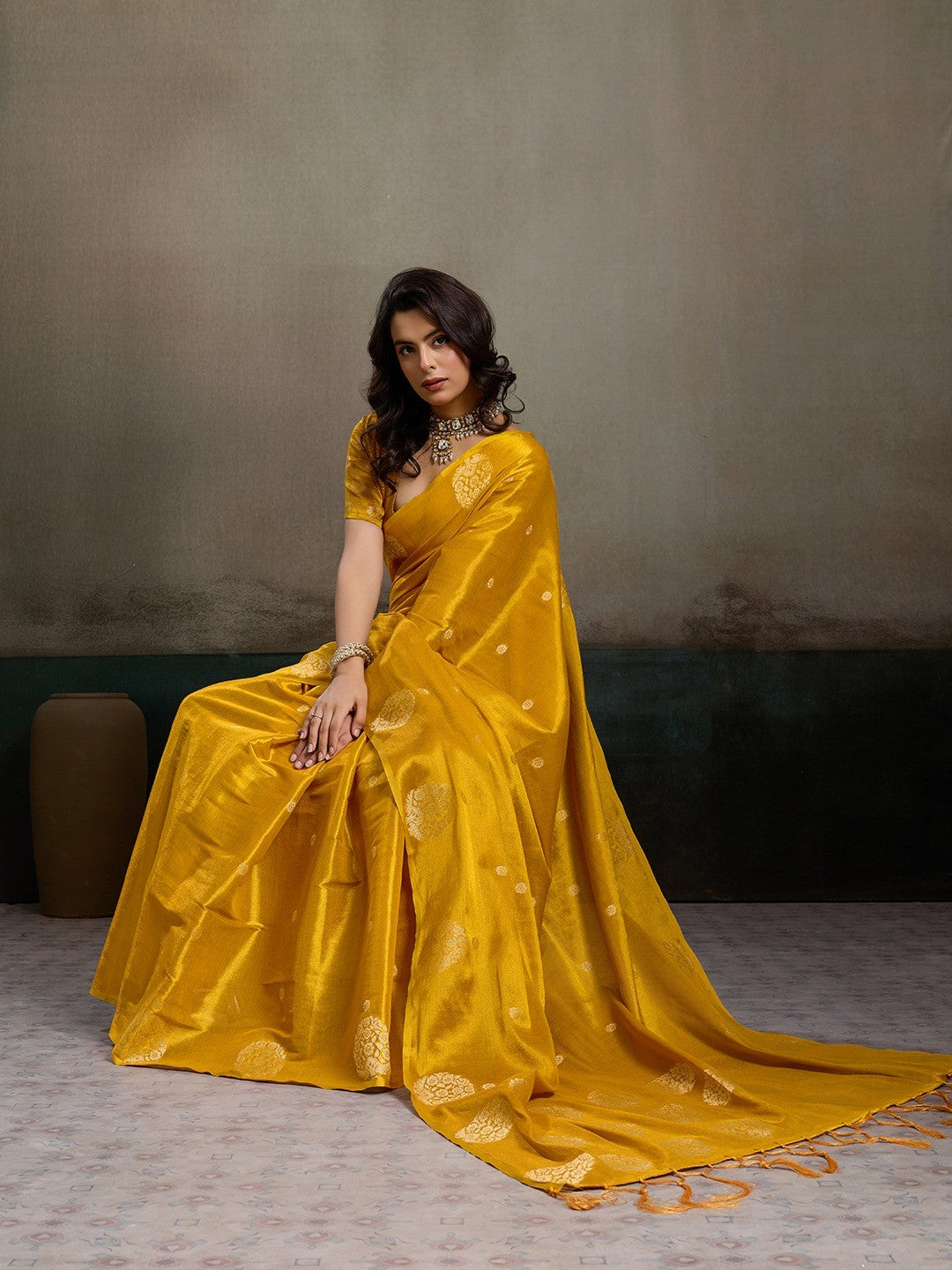 Mustard Tissue Saree with Woven Design - Elegant Traditional Wear