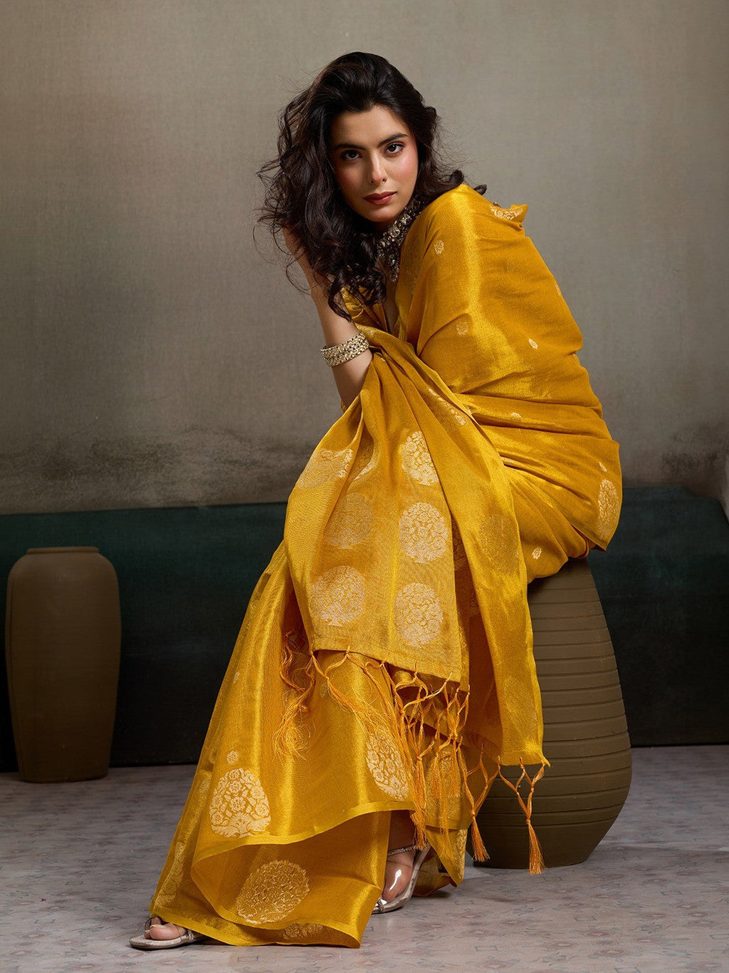 Mustard Tissue Saree with Woven Design - Elegant Traditional Wear