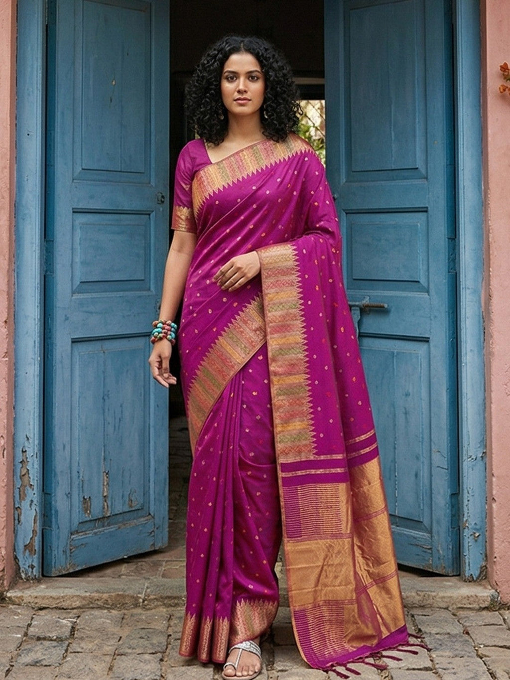 Premium Magenta Silk Blend Saree with Fine Golden Woven Border Detailing
