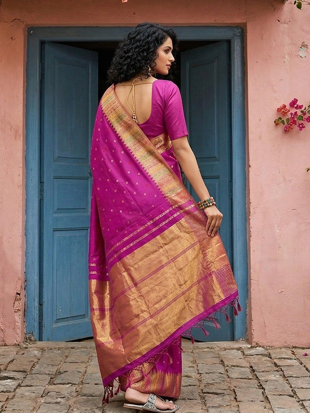 Premium Magenta Silk Blend Saree with Fine Golden Woven Border Detailing