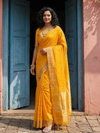 Premium Yellow Silk Blend Saree with Fine Golden Woven Border Detailing
