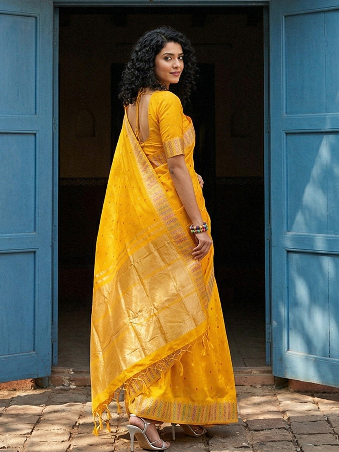Premium Yellow Silk Blend Saree with Fine Golden Woven Border Detailing