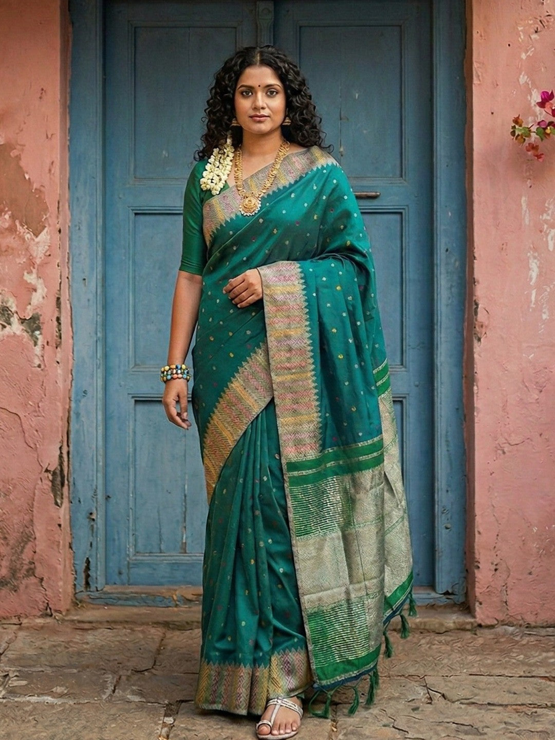 Premium Green Silk Blend Saree with Fine Golden Woven Border Detailing