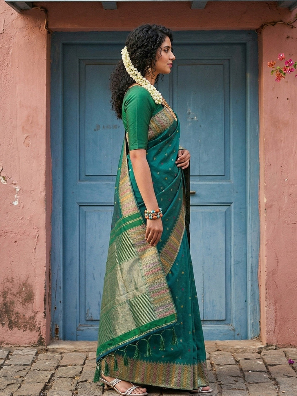 Premium Green Silk Blend Saree with Fine Golden Woven Border Detailing