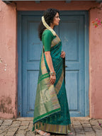 Premium Green Silk Blend Saree with Fine Golden Woven Border Detailing