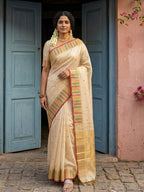 Premium Cream Silk Blend Saree with Fine Golden Woven Border Detailing