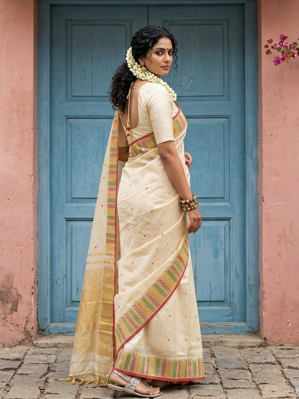 Premium Cream Silk Blend Saree with Fine Golden Woven Border Detailing