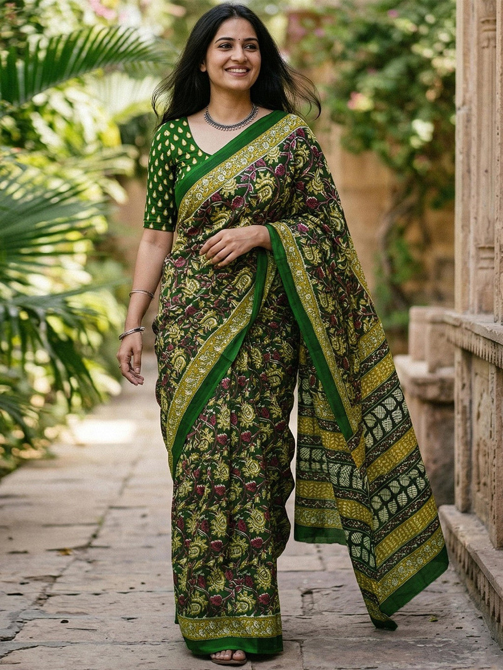 Designer Green Floral Print Mulmul Cotton Saree With Refined Work