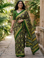 Designer Green Floral Print Mulmul Cotton Saree With Refined Work