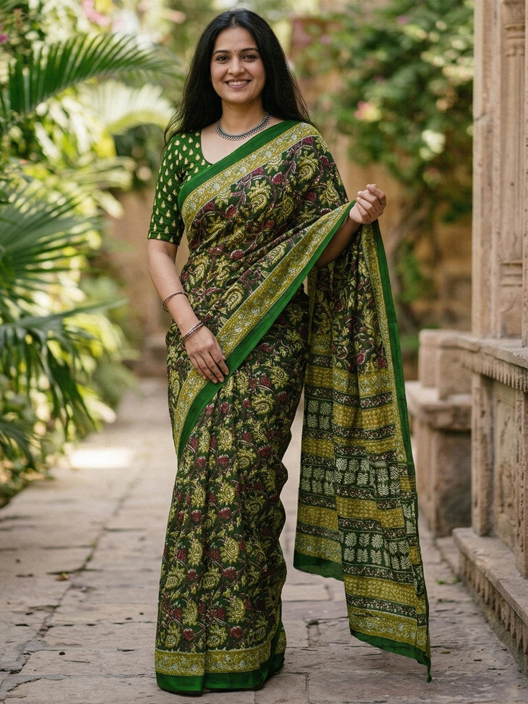 Designer Green Floral Print Mulmul Cotton Saree With Refined Work
