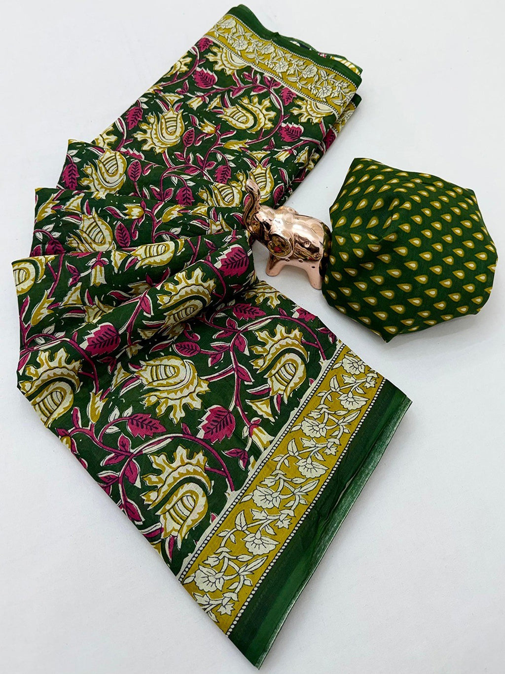 Designer Green Floral Print Mulmul Cotton Saree With Refined Work
