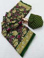 Designer Green Floral Print Mulmul Cotton Saree With Refined Work