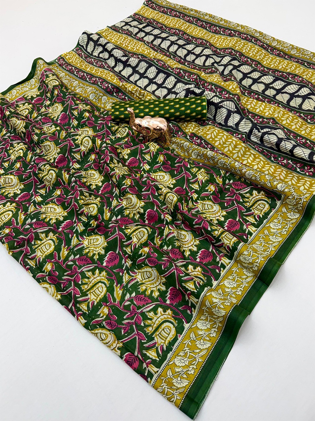 Designer Green Floral Print Mulmul Cotton Saree With Refined Work