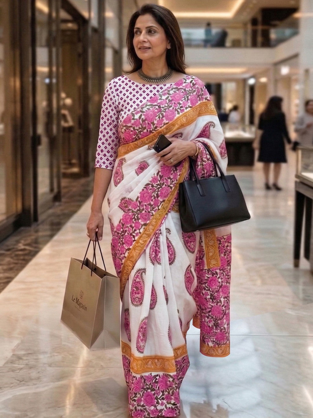 Graceful White & Pink Floral Printed Mulmul Cotton Saree With Paisley Motif