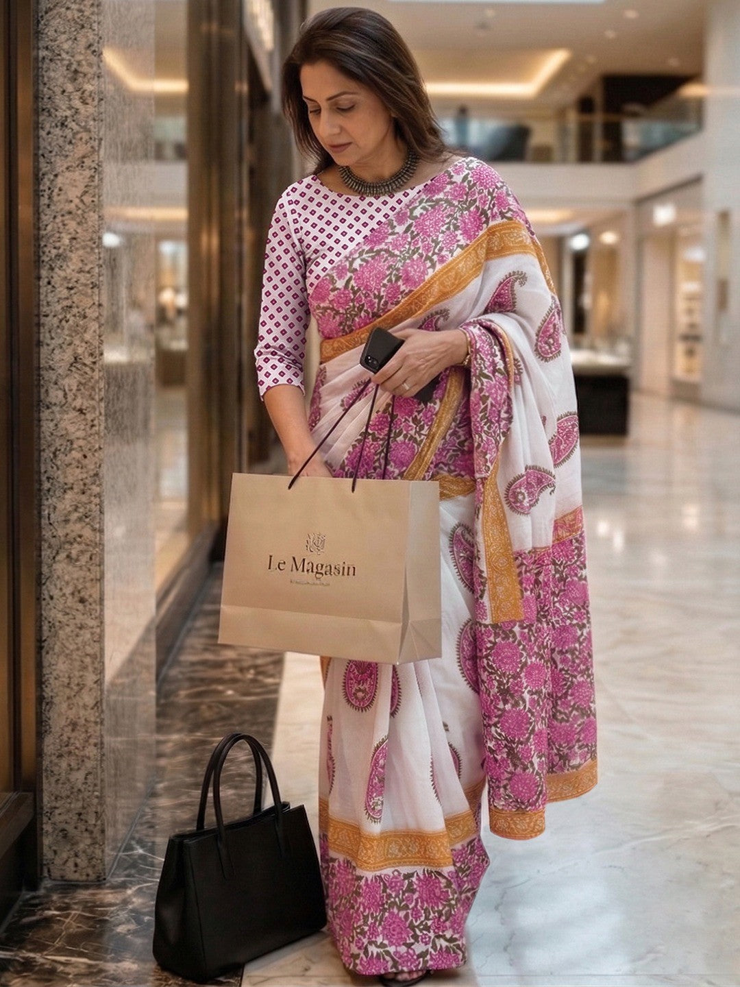 Graceful White & Pink Floral Printed Mulmul Cotton Saree With Paisley Motif