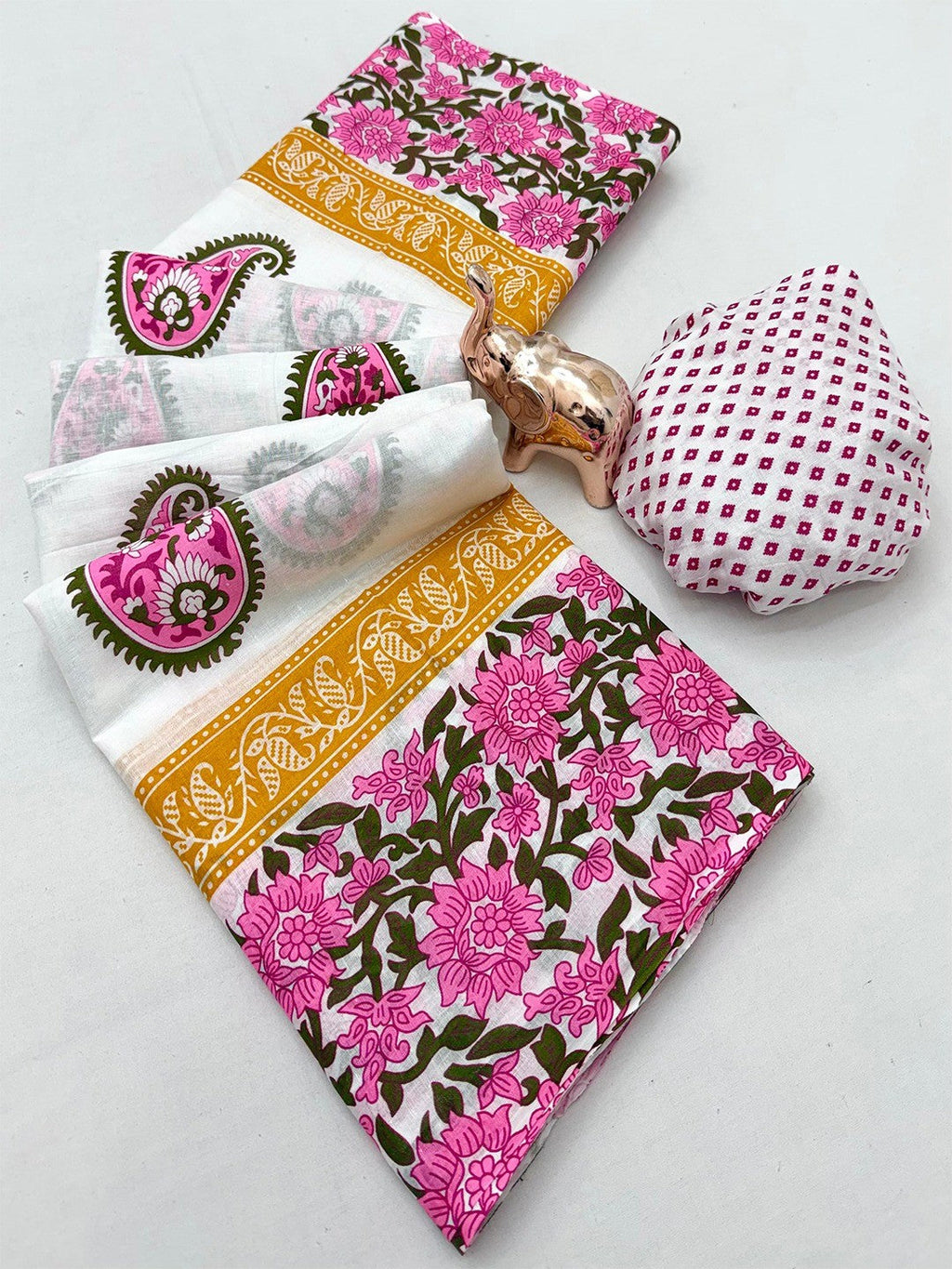 Graceful White & Pink Floral Printed Mulmul Cotton Saree With Paisley Motif