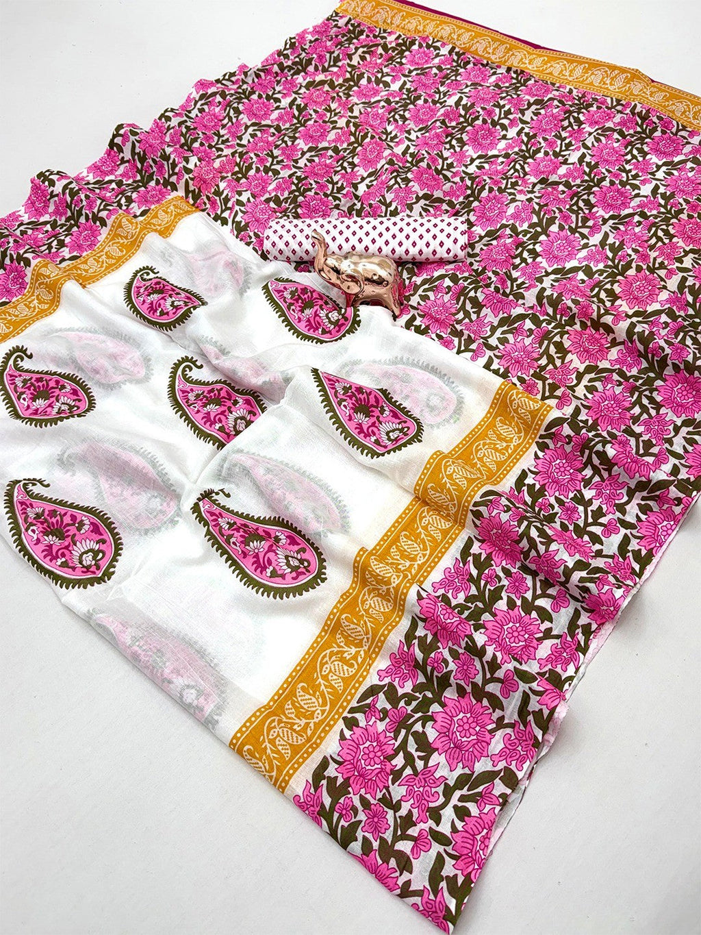 Graceful White & Pink Floral Printed Mulmul Cotton Saree With Paisley Motif