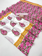 Graceful White & Pink Floral Printed Mulmul Cotton Saree With Paisley Motif