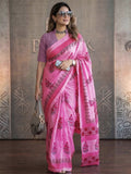 Trendy Pink Floral Print Mulmul Cotton Saree With Unique Work