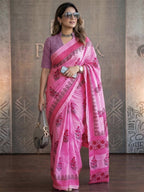 Trendy Pink Floral Print Mulmul Cotton Saree With Unique Work