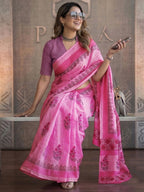 Trendy Pink Floral Print Mulmul Cotton Saree With Unique Work