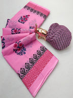 Trendy Pink Floral Print Mulmul Cotton Saree With Unique Work