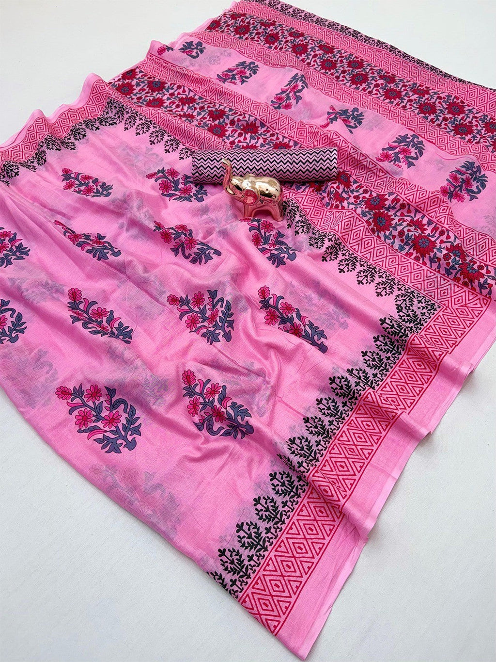 Trendy Pink Floral Print Mulmul Cotton Saree With Unique Work