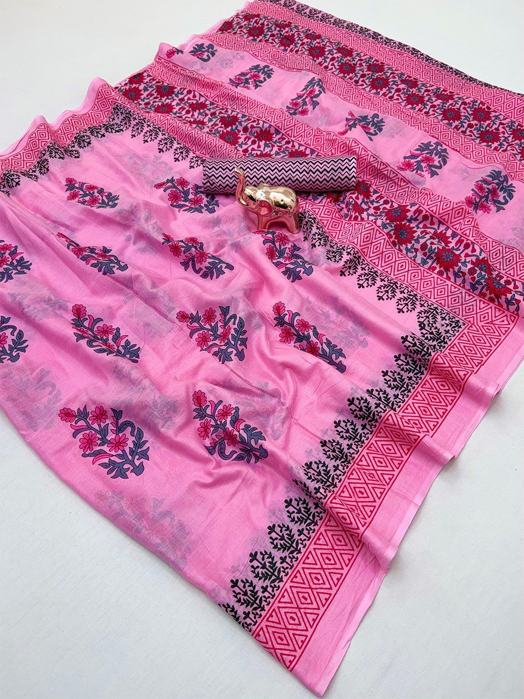 Trendy Pink Floral Print Mulmul Cotton Saree With Unique Work
