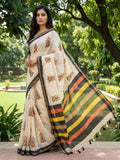 Cream Linen Saree with Ikkat Print and Striped Pallu
