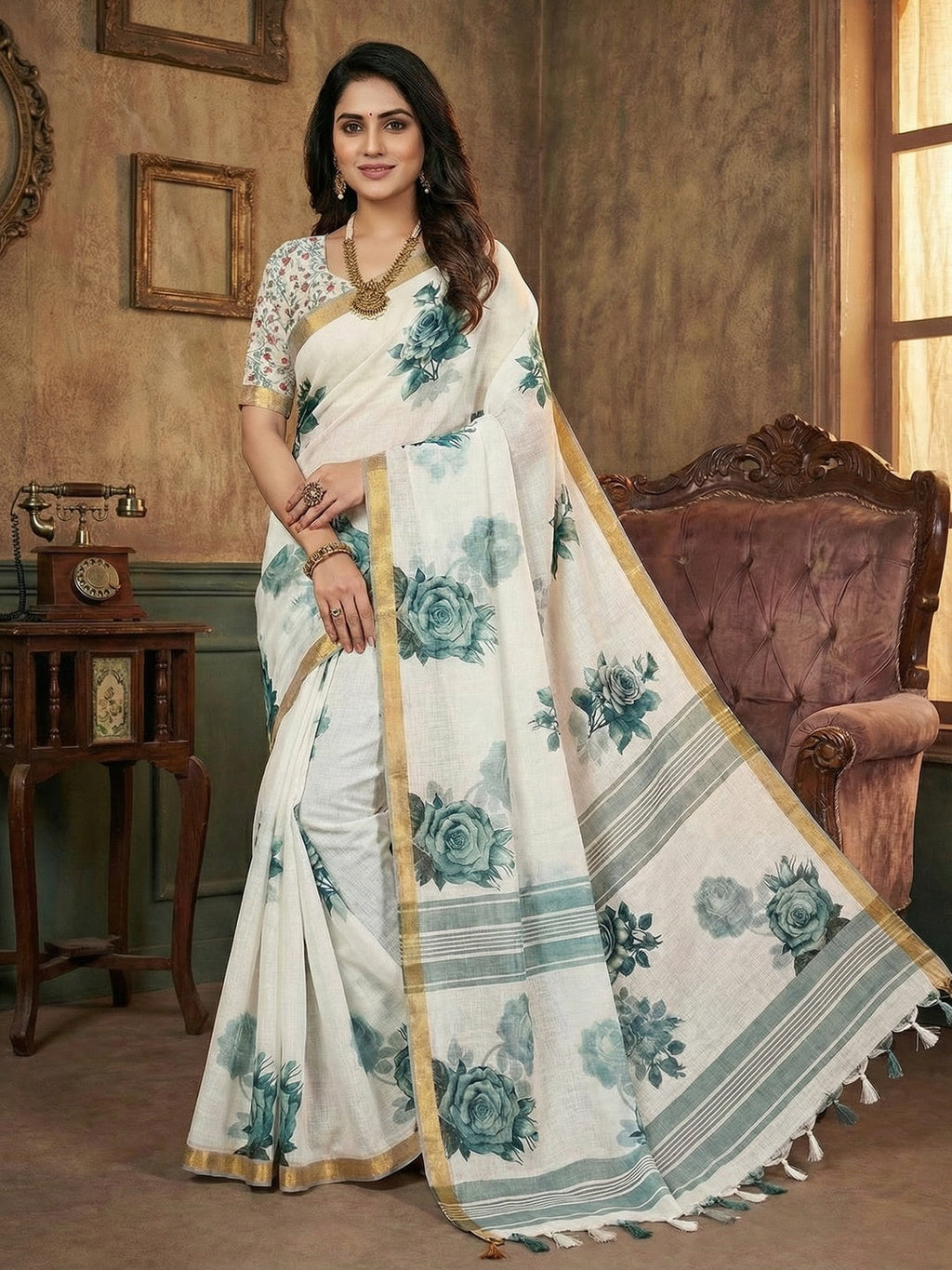 Elegant White Linen Saree with Floral Print and Golden Border