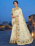 Classic Cream Linen Saree with Floral Printed Border and Graceful Feminine Appeal