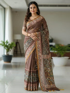 Graceful Brown Linen Saree with Beautiful Floral Print Border