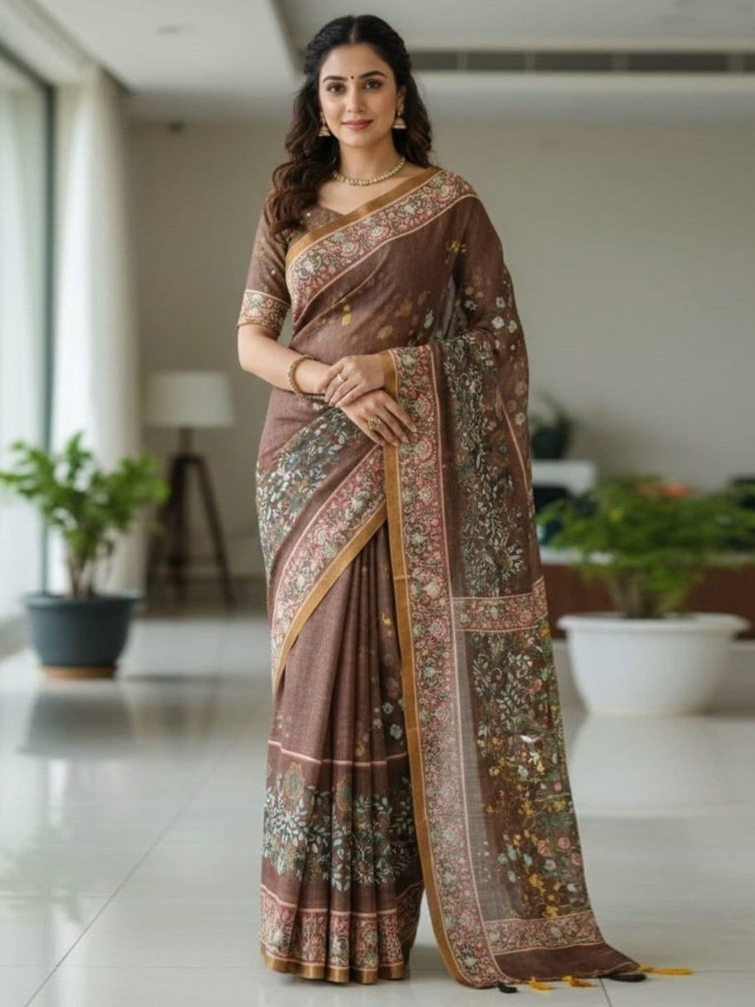 Graceful Brown Linen Saree with Beautiful Floral Print Border