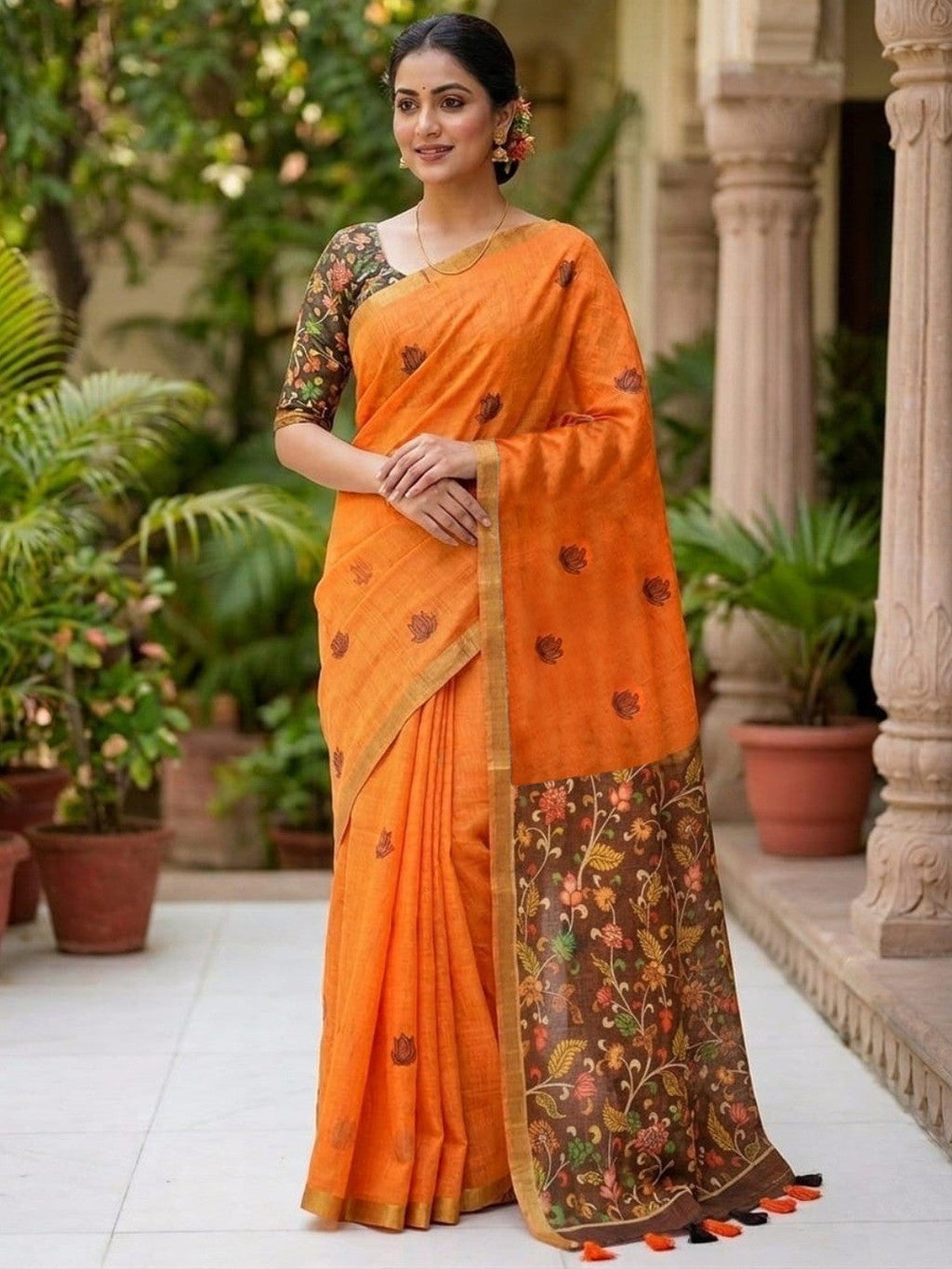 Graceful Orange Linen Saree with Beautiful Floral Printed Border