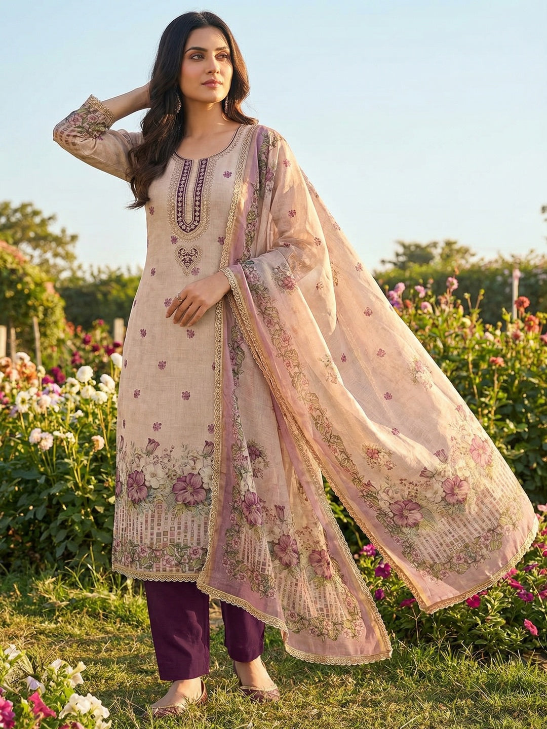 Ethnic Beige & Wine Linen Dress Material with Beautiful Floral Dupatta