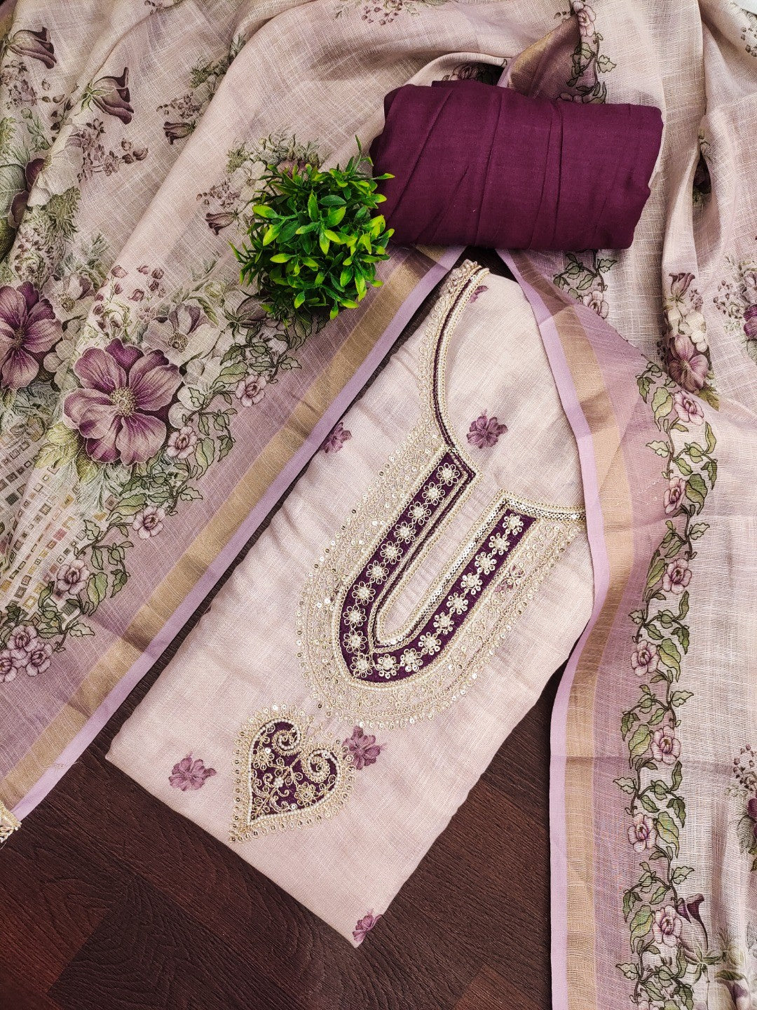Ethnic Beige & Wine Linen Dress Material with Beautiful Floral Dupatta