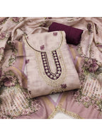 Ethnic Beige & Wine Linen Dress Material with Beautiful Floral Dupatta