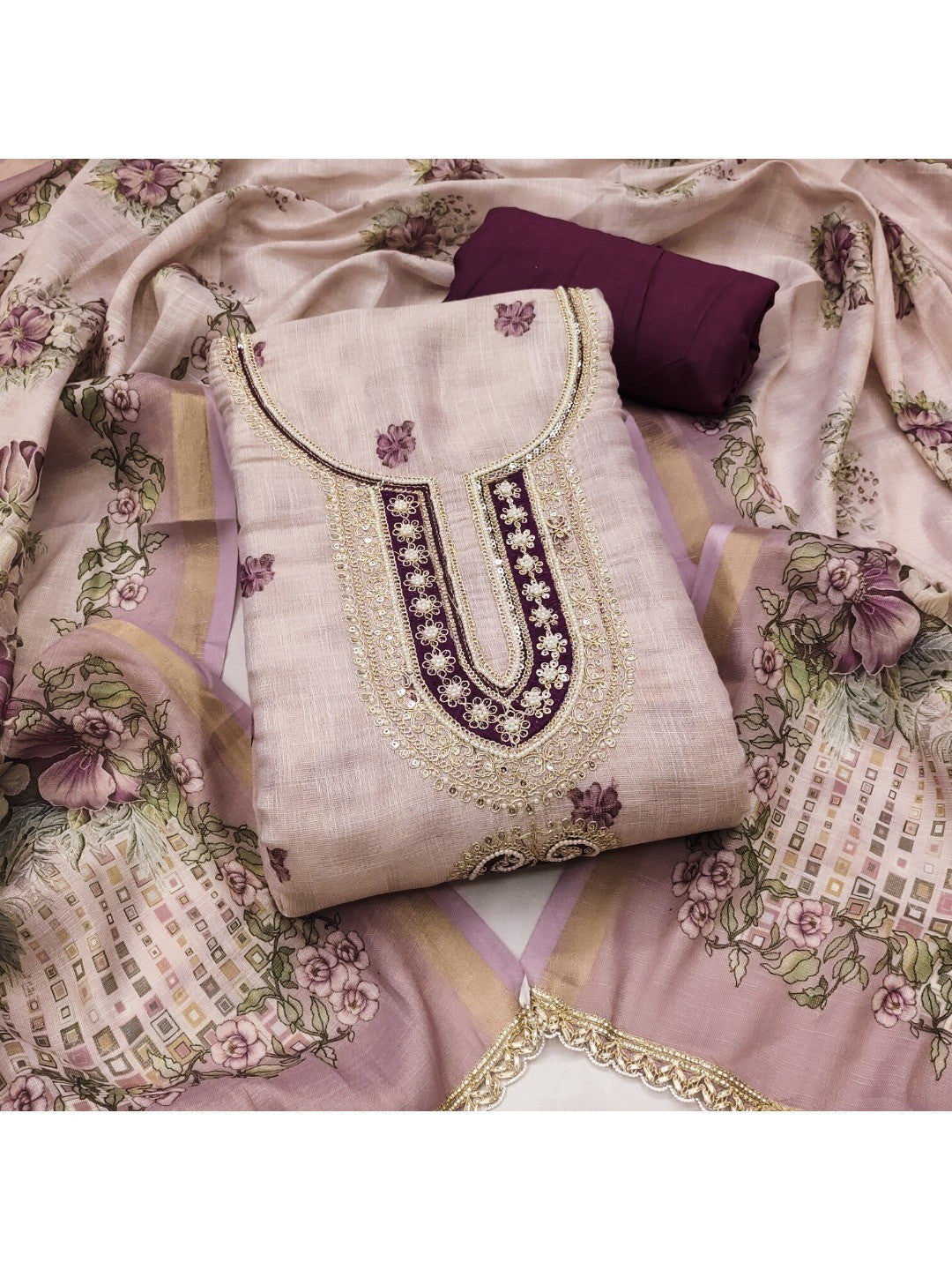 Ethnic Beige & Wine Linen Dress Material with Beautiful Floral Dupatta