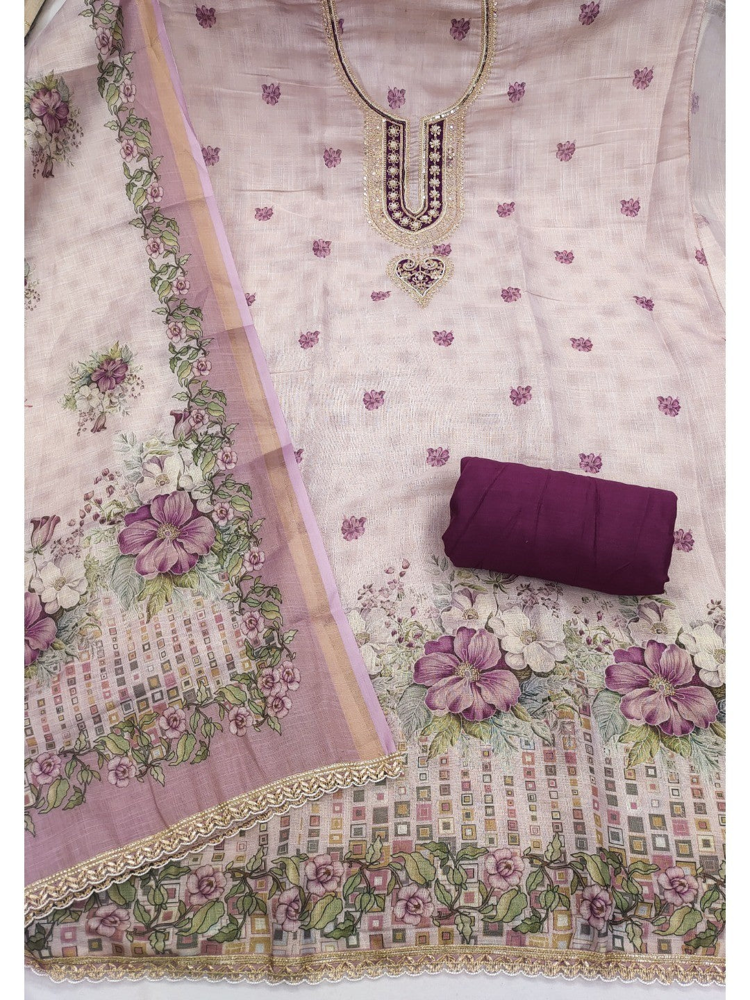 Ethnic Beige & Wine Linen Dress Material with Beautiful Floral Dupatta