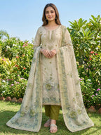 Elegant Beige & Green Linen Dress Material with Floral Printed Dupatta