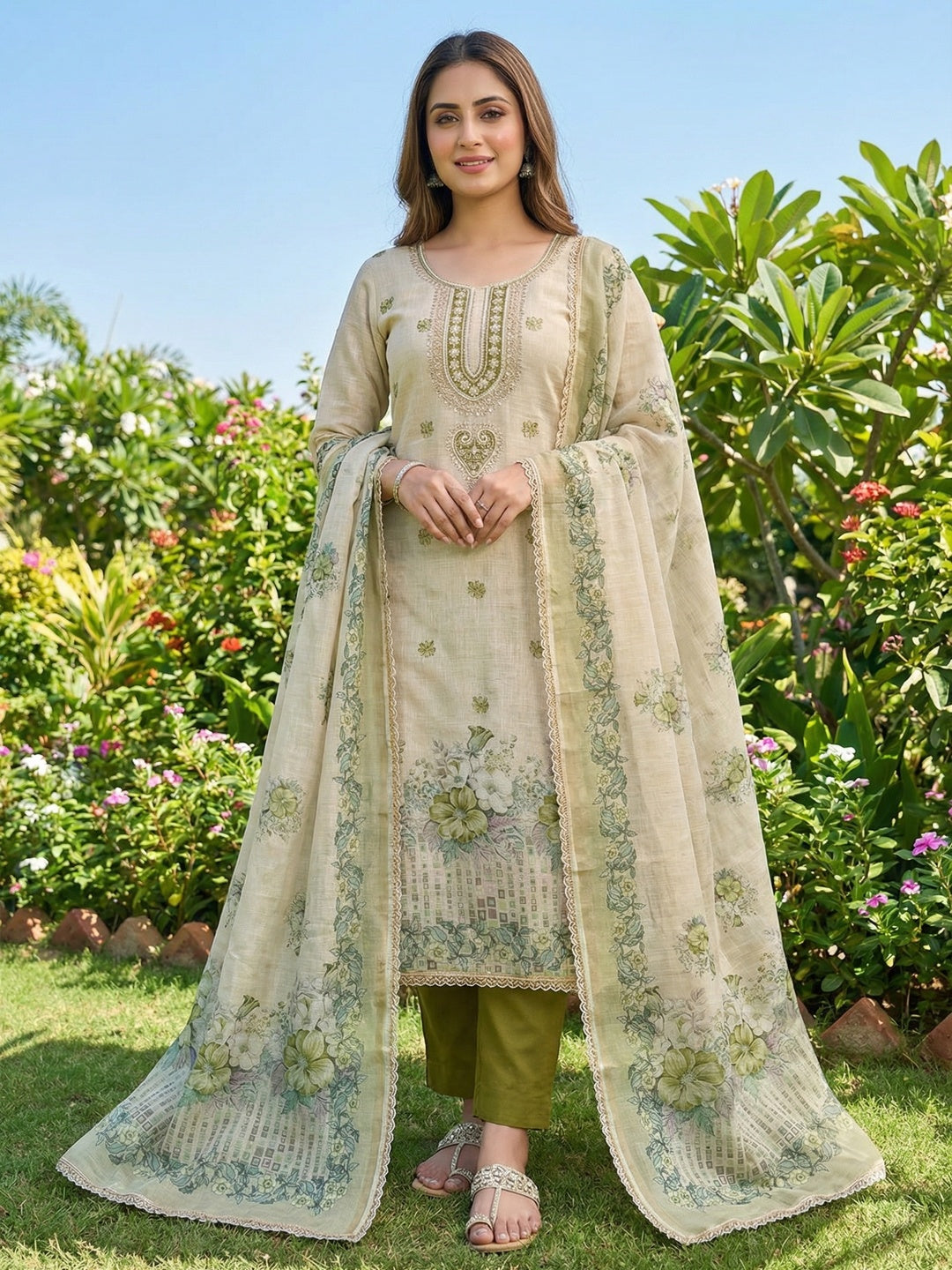 Elegant Beige & Green Linen Dress Material with Floral Printed Dupatta