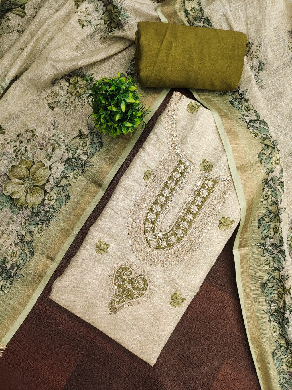 Elegant Beige & Green Linen Dress Material with Floral Printed Dupatta