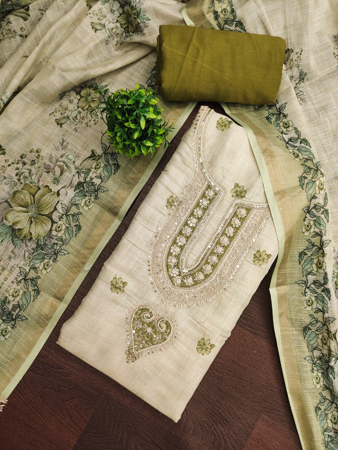 Elegant Beige & Green Linen Dress Material with Floral Printed Dupatta