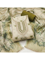 Elegant Beige & Green Linen Dress Material with Floral Printed Dupatta