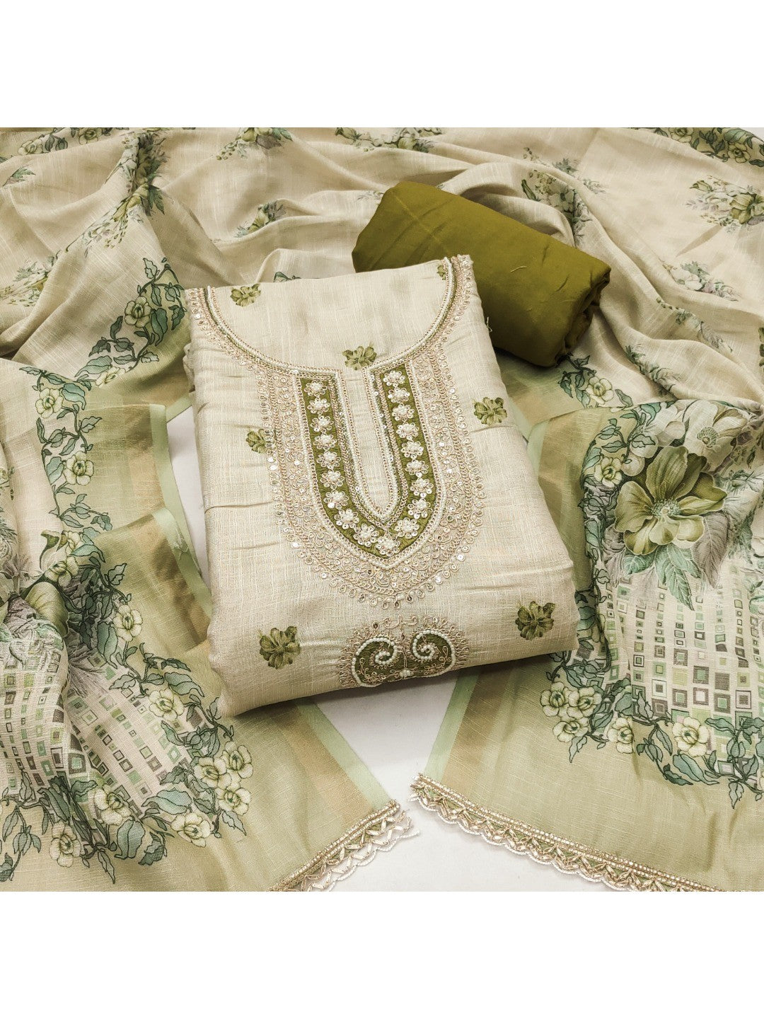 Elegant Beige & Green Linen Dress Material with Floral Printed Dupatta