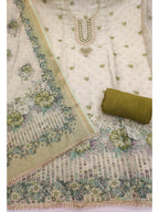 Elegant Beige & Green Linen Dress Material with Floral Printed Dupatta